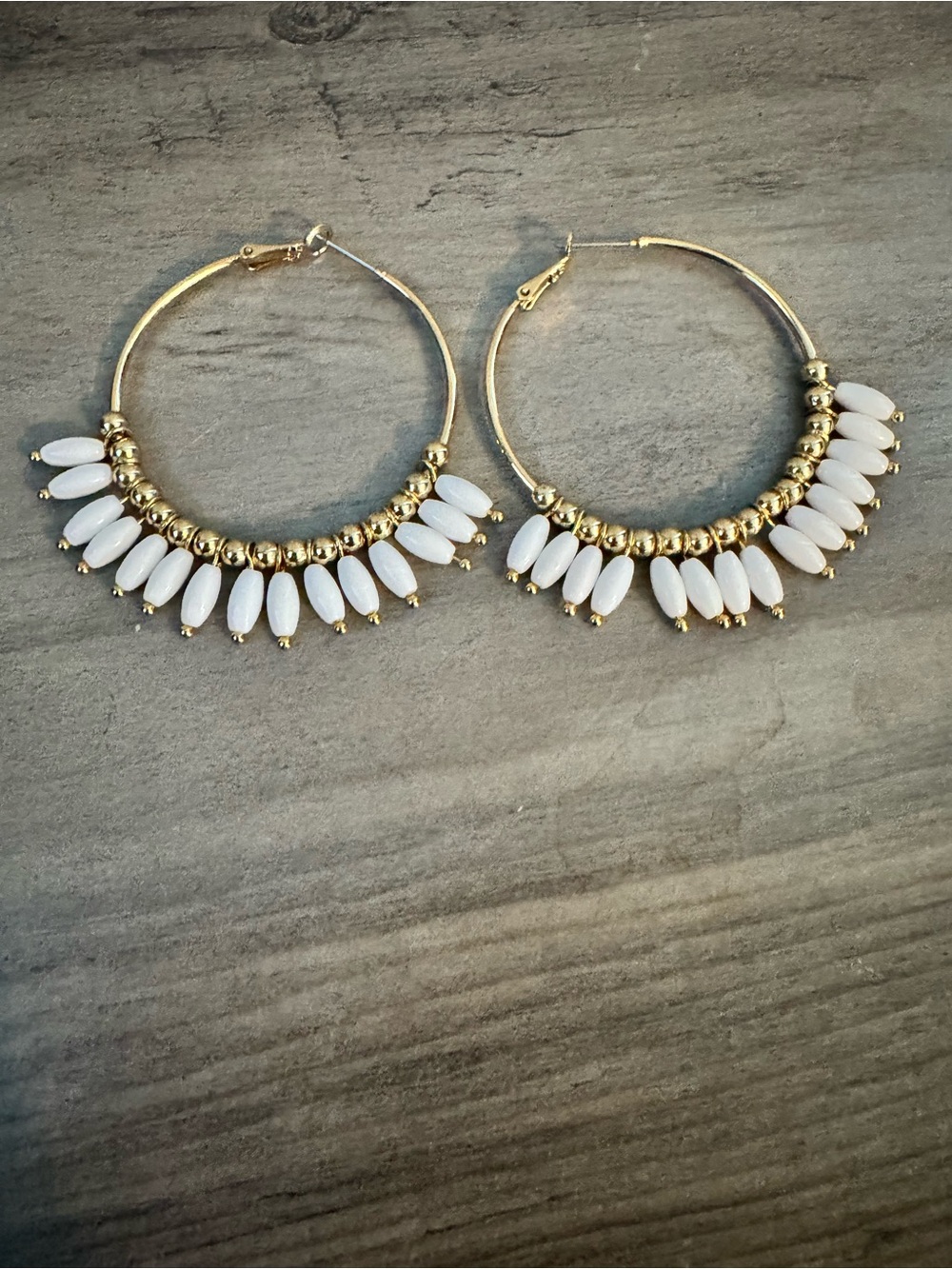 Kinsley Armelle Gold Hoop Earrings with White Bead Fringe